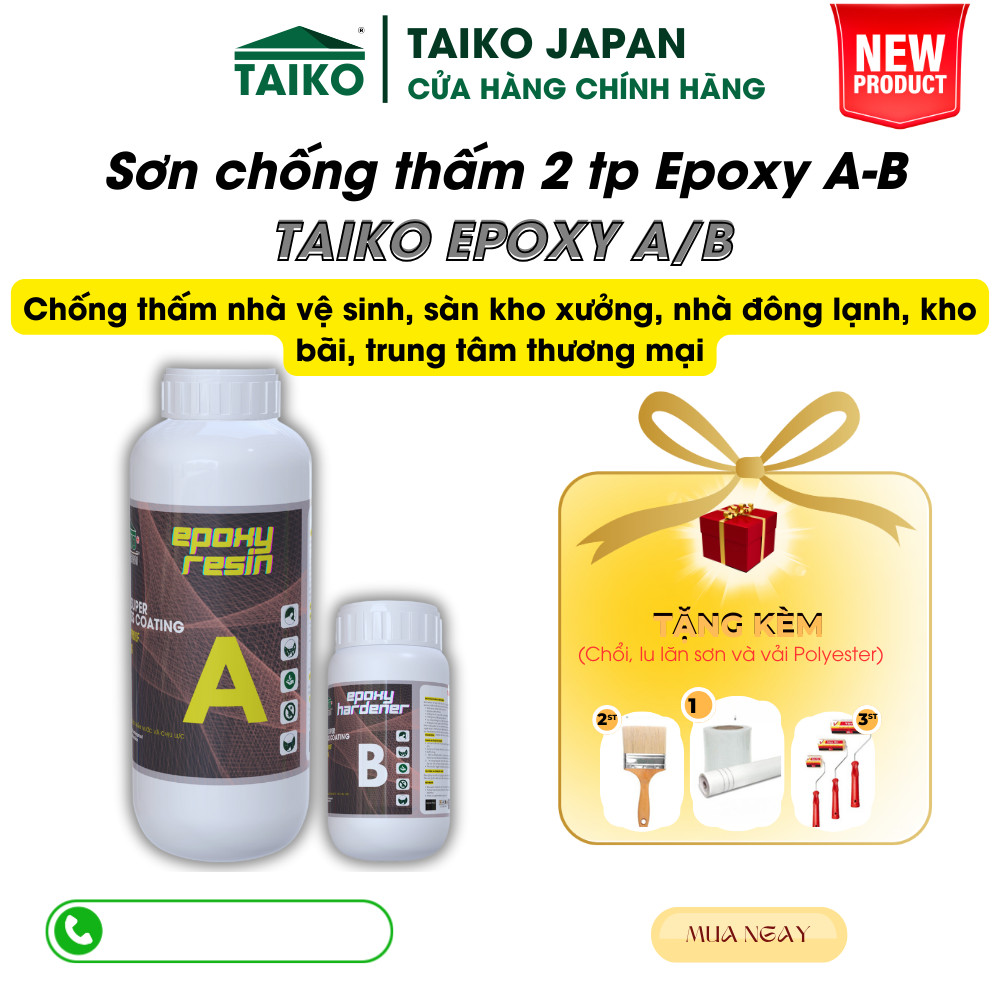 Sơn Chống Thấm Nền Gạch TAIKOMI Epoxy-Chống Thấm Epoxy Trong Suốt,chống thấm mặt sàn nhà vệ sinh sàn kho xưởng,nhà máy