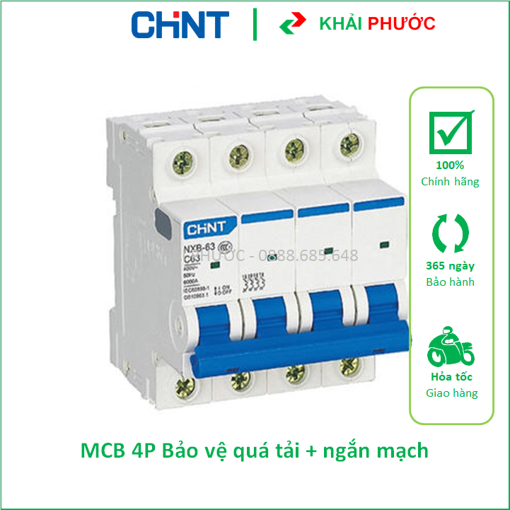 Mcb 4p 3 pha cực cb tép át tô mát áp tô mát aptomat 32a 40a 50a 63a 6ka nxb-63 chint - khải phước electric