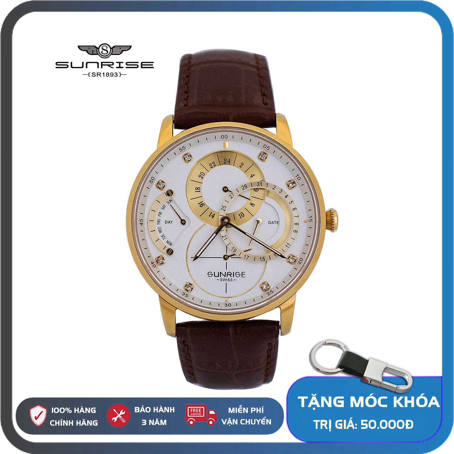 Đồng hồ Nam sunrise dây da 1146SA Full box - thẻ bảo hành - kính - Sapphire chống xước, chống nước - Dây da cao cấp.