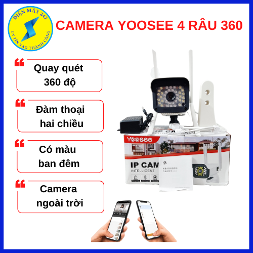 Camera yoosee ngoài trời 4 râu quay 360, Camera wifi chống nước, 5mpx, báo động, đàm thoại 2 chiều, có màu ban đêm