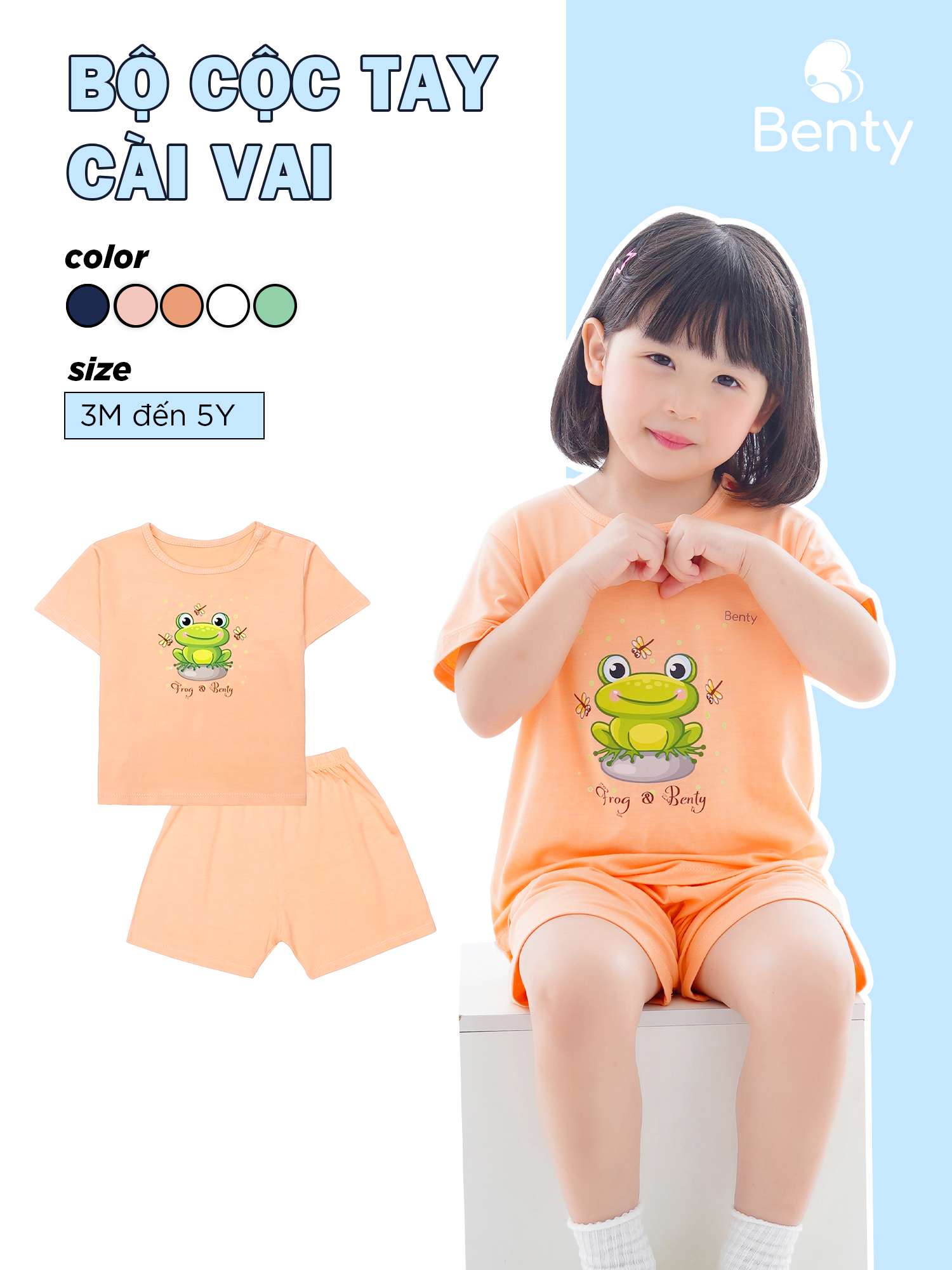Bộ cộc tay cài vai BENTY in hình ếch BT054 chất thấm hút mồ hôi đồ bộ bé trai bé gái