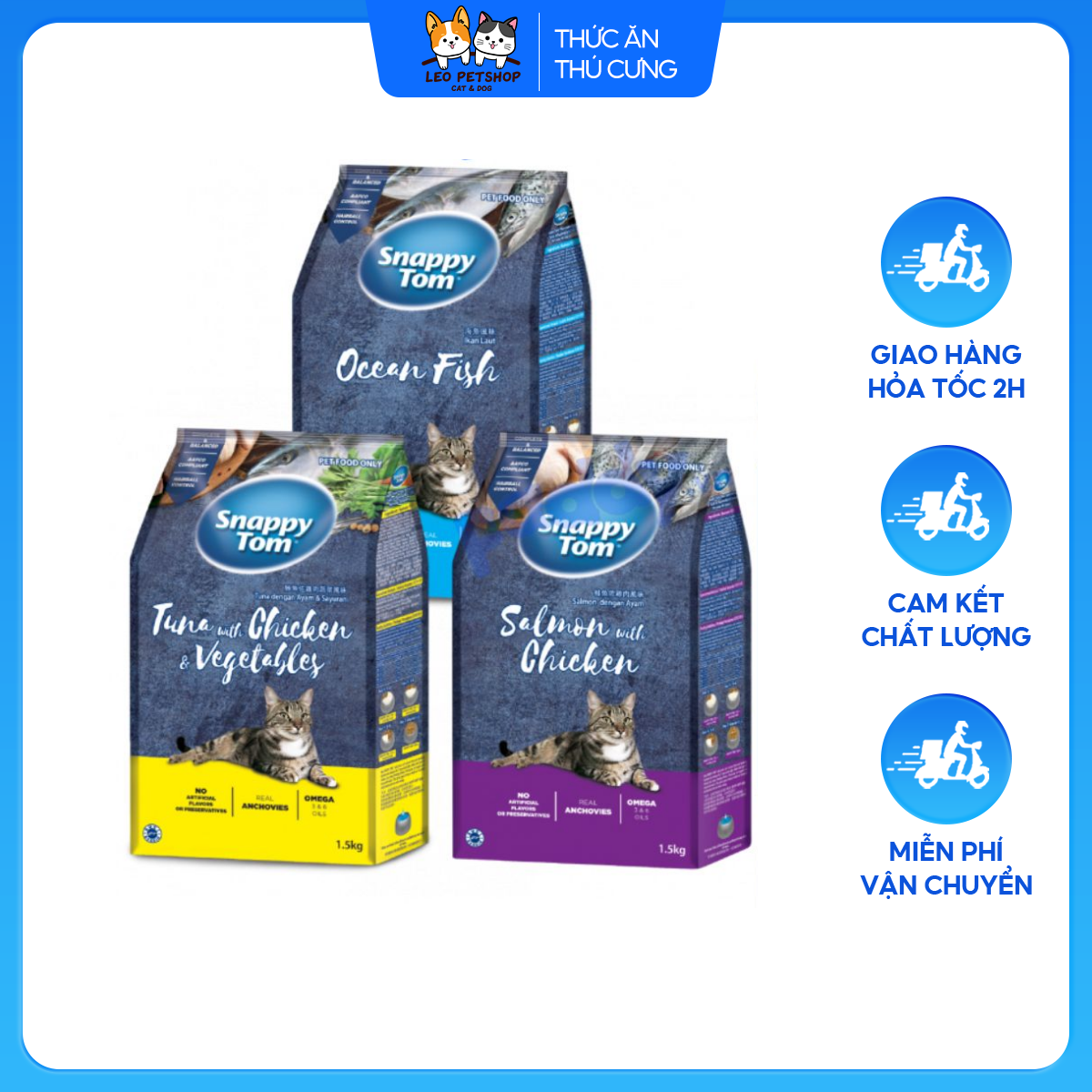 Thức ăn hạt khô snappy tom túi 1.5kg, hạt khô rắc cá cơm cho mèo bổ sung dinh dưỡng - leopet shop - leo petshop