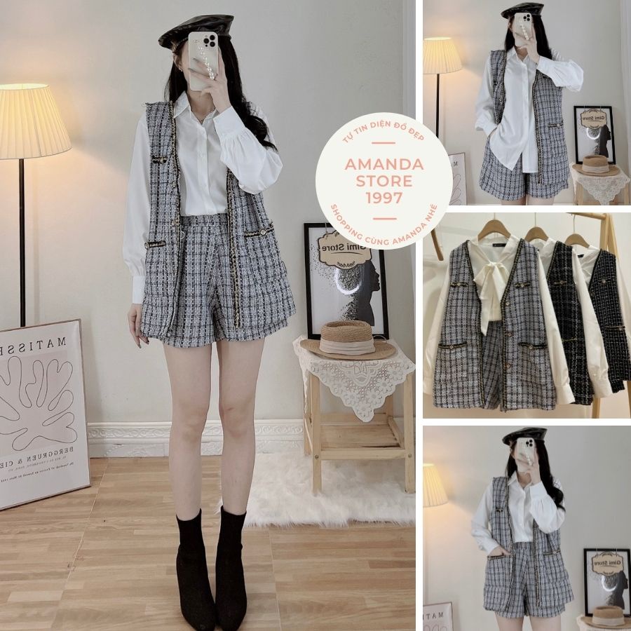Set áo gile dạ thừng kèm quần mix sơ mi nơ mặc trong sang chảnh. Set sơ mi nơ kèm gile dạ phối kim tuyến.