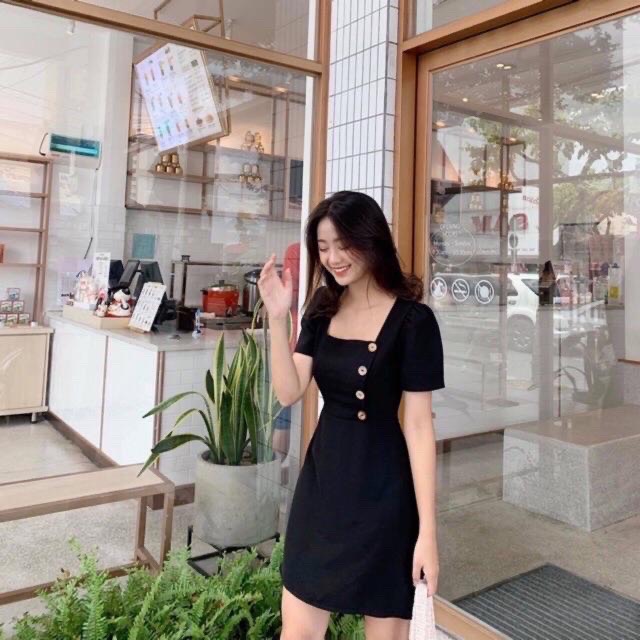 Đầm Nữ Cổ Vuông Phối Nút, Váy Dư Tiệc, Váy Công Sở