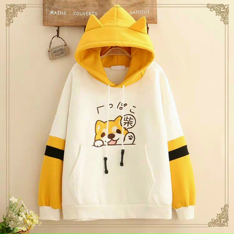 Áo hoodie nỉ in cún con phối màu tay áo dễ thương