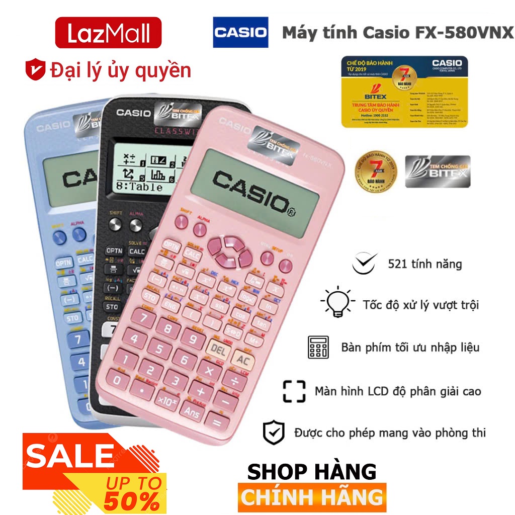 Flash Sale LazMall Mới Nhất Máy Tính Casio FX-580 VN X Chính Hãng Màn Hình Độ Phân Giải Cao, 521 Phép Tính, Được Phép Mang Vào Phòng Thi, Hàng Chính Hãng Thái Lan - Màu sắc: Đen / Xanh / Hồng