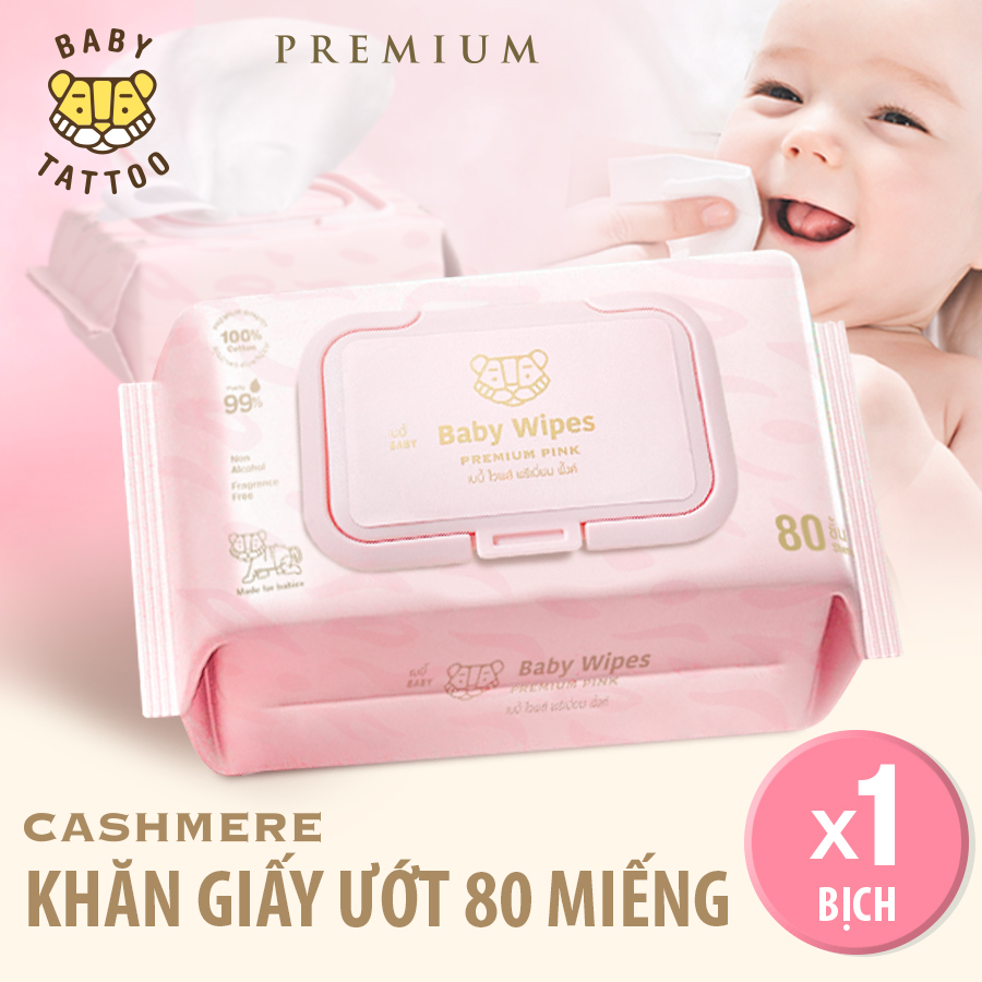 Baby tattoo khăn giấy ướt siêu cao cấp cho bé chất vải cashmere, làm từ 100% sợi bông tự nhiên, gói 80 miếng
