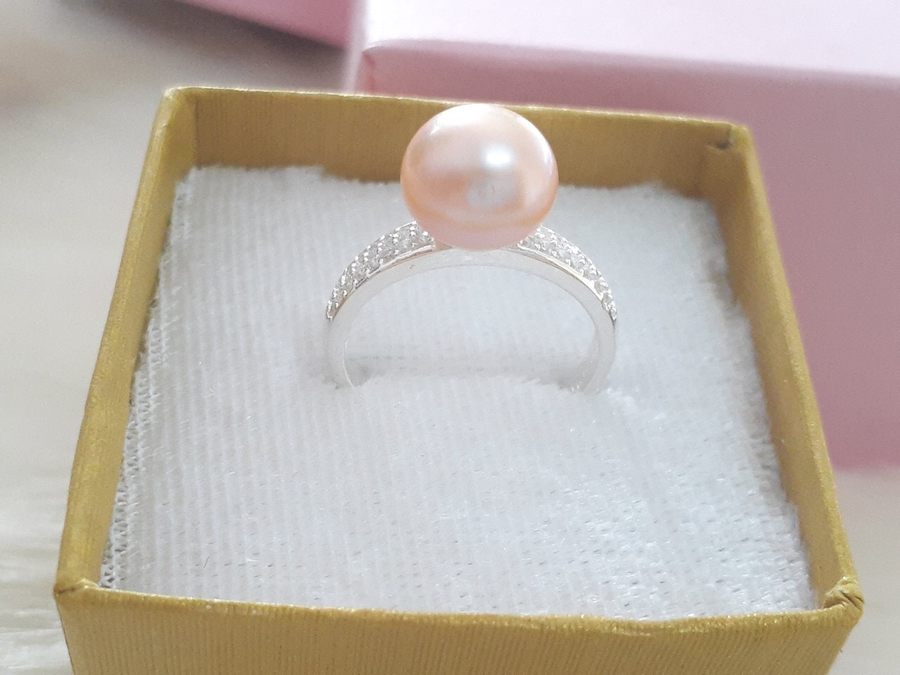 Nhẫn ngọc trai hồng cam, nhẫn bạc 925 đơn giản sang trọng phù hợp đeo đi chơi, đi tiệc, đi làm