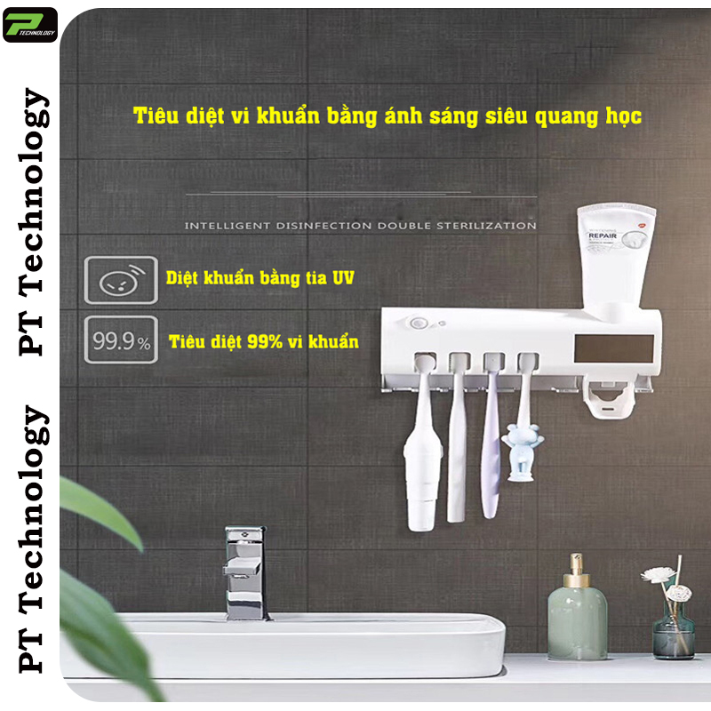 Khay Giá Treo Bàn Chải Đánh Răng Bộ Nhả Kem Đánh Răng Kết Hợp Khử Trùng Diệt Khuẩn Bằng Tia UV PT Technology