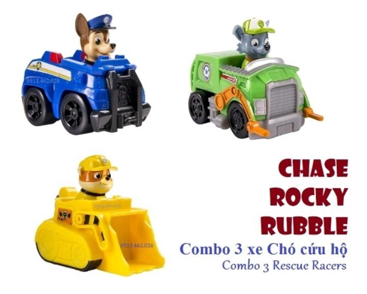 Bộ 3 xe Chó cứu hộ mini Rubble - Rocky - Chase dòng Rescue Racer - Đội chó cứu hộ Paw Patrol - Đồ chơi VNXK