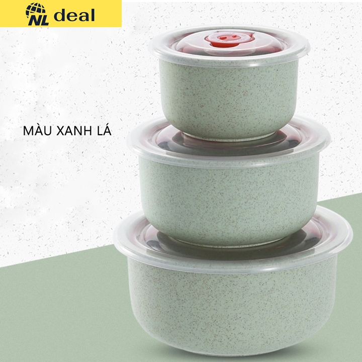 Nldeal Bộ Combo 3 Cái Tô Bát Model TP01 Chất Liệu Nhựa Lúa Mạch Có Nắp Hít Chân Không Chắc Chắn Dùng Được Lò Vi Sóng
