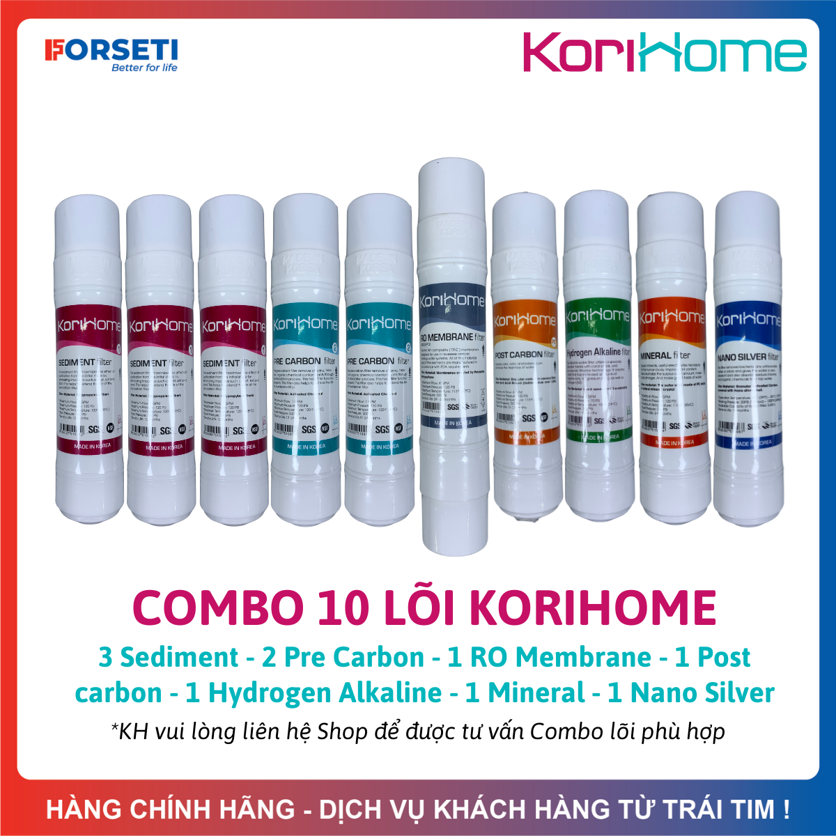 Combo 10 Lõi Lọc Korihome Gồm 3 Sediment 2 Pre Carbon 1 Màng RO Membrane 1 Post Carbon 1 Hydrogen Alkaline 1 Mineral 1 Nano Silver Model WPKG61 WPKG62 WPKG60S