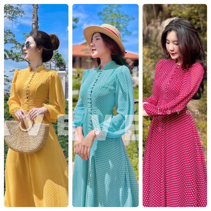 Đầm maxi chấm bi tay dài cài nút duyên dáng