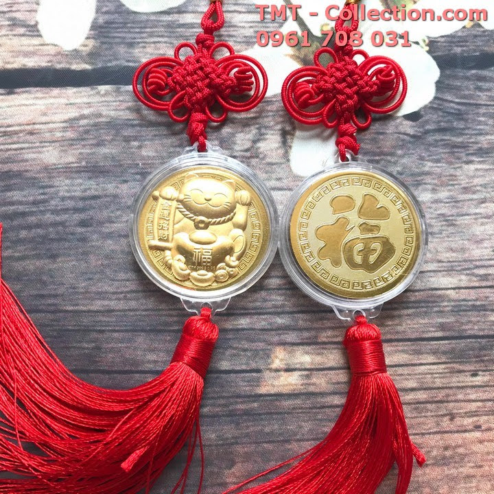 [ FREESHIP ] Dây treo đồng xu Mèo Thần Tài vàng may mắn (có 3 mẫu, giao mẫu ngẫu nhiên) chất liệu Mặt dây mạ vàng, dây thừng bện - SP005086