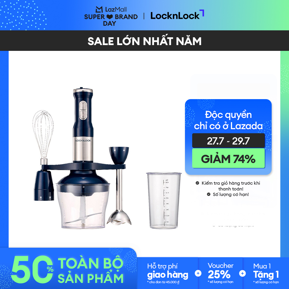 Máy trộn thực phẩm đa năng hiệu Lock&Lock1 bộ gồm dụng cụ nghiền trộn đánh tan và cup đo lường-Màu xanh navy ELHB-220
