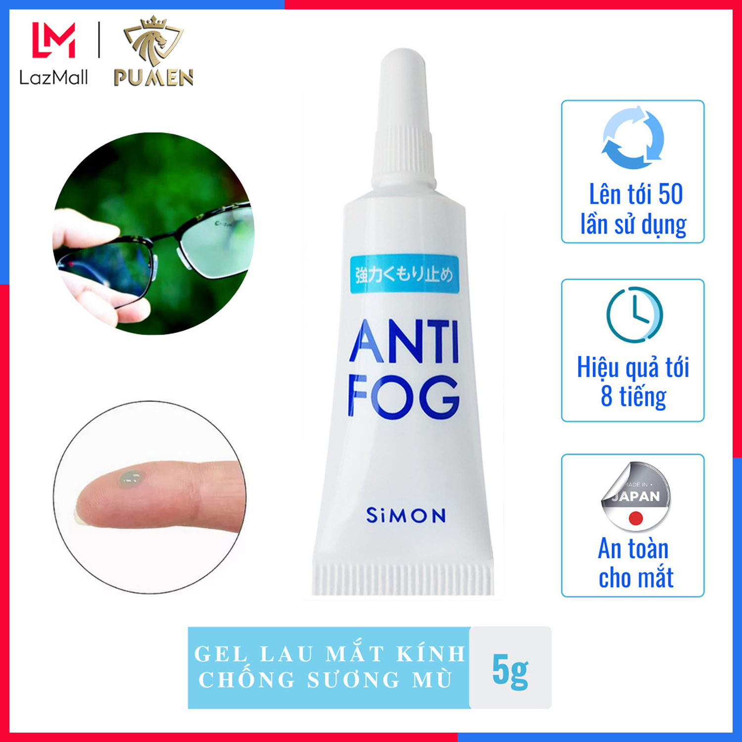 Gel lau kính chống sương mù PUMEN Anti Fog, gel lau kính chống bám hơi nước mắt kiếng, kính cận, kính mát, kính bơi, hiệu quả tới 8 tiếng
