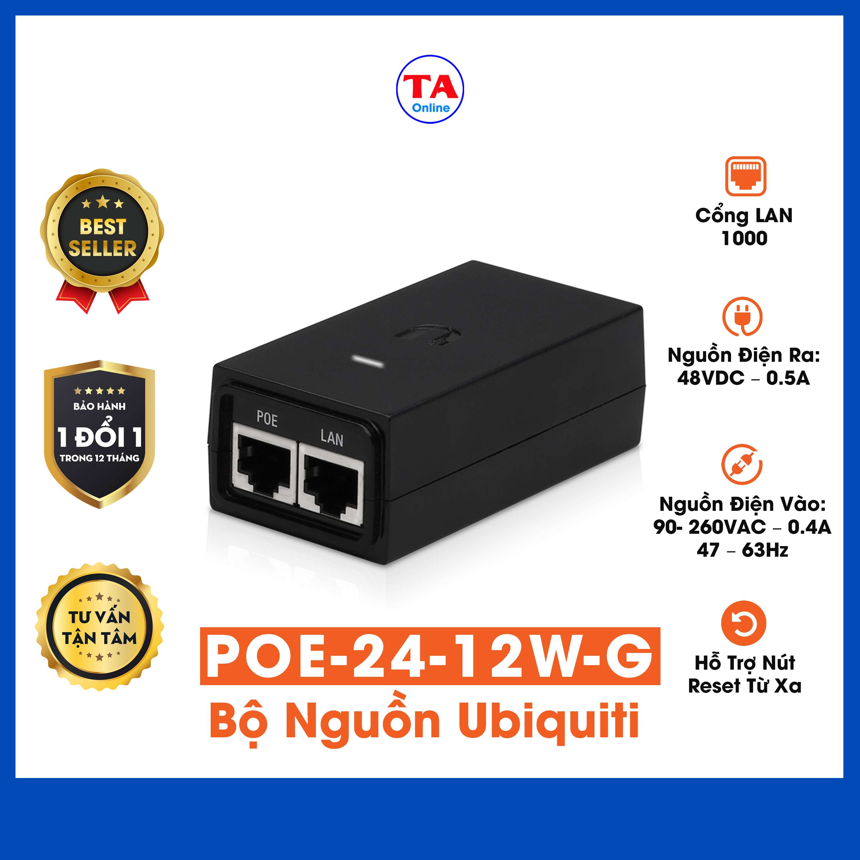 Bộ cấp nguồn poe adapter 24v-0.5a port 1gb ubiquiti mã poe-24-12w-g