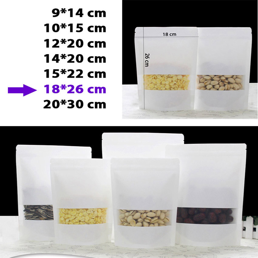 100 cái túi zip MIS size 18x26cm Túi giấy kraft trắng có cửa sổ, phủ PE 2 mặt, túi giấy đựng thực phẩm có zipper chất lượng cao
