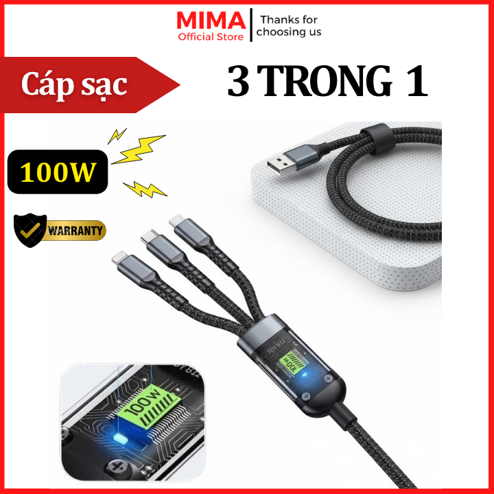  Dây cáp sạc siêu nhanh 3 đầu 3in1 .Dây Sạc Tự Ngắt 100W Tích Hợp 3 Cổng Micro Usb Type C dây dù chống đứt chống cháy Cáp sạc 3 trong 1 Ligh-ting- Micro USB- Type C dành cho samsung android xiaomi oppo vivo ai phone 