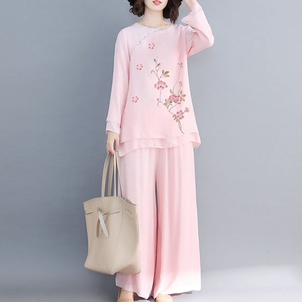 Quần áo đi chùa nữ, đồ ngồi thiền, tập yoga vải đũi mềm 2 lớp cổ tròn hồng Thiền Chay