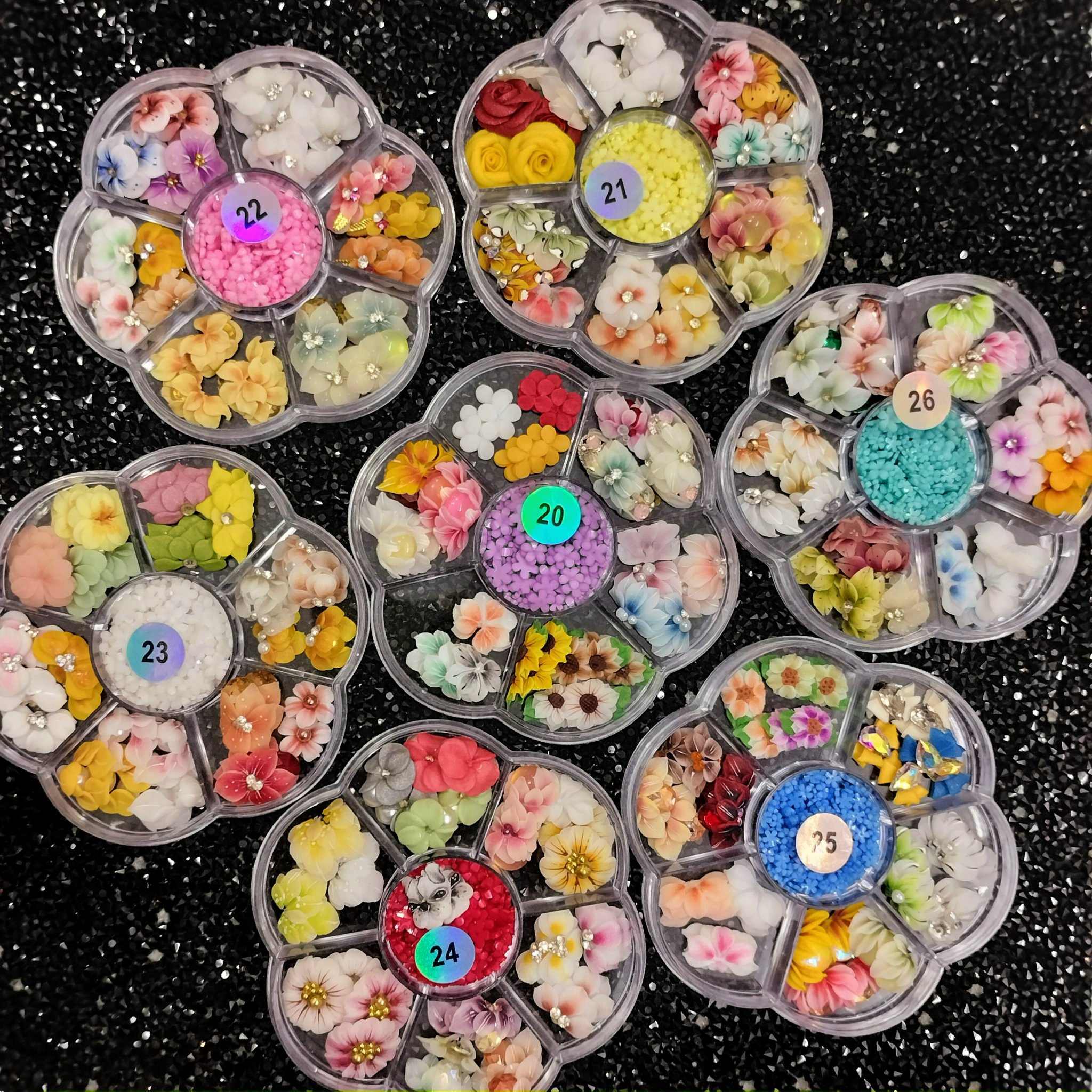 Hoa bột nails trang trí đính móng tay - khay mix 36 bông