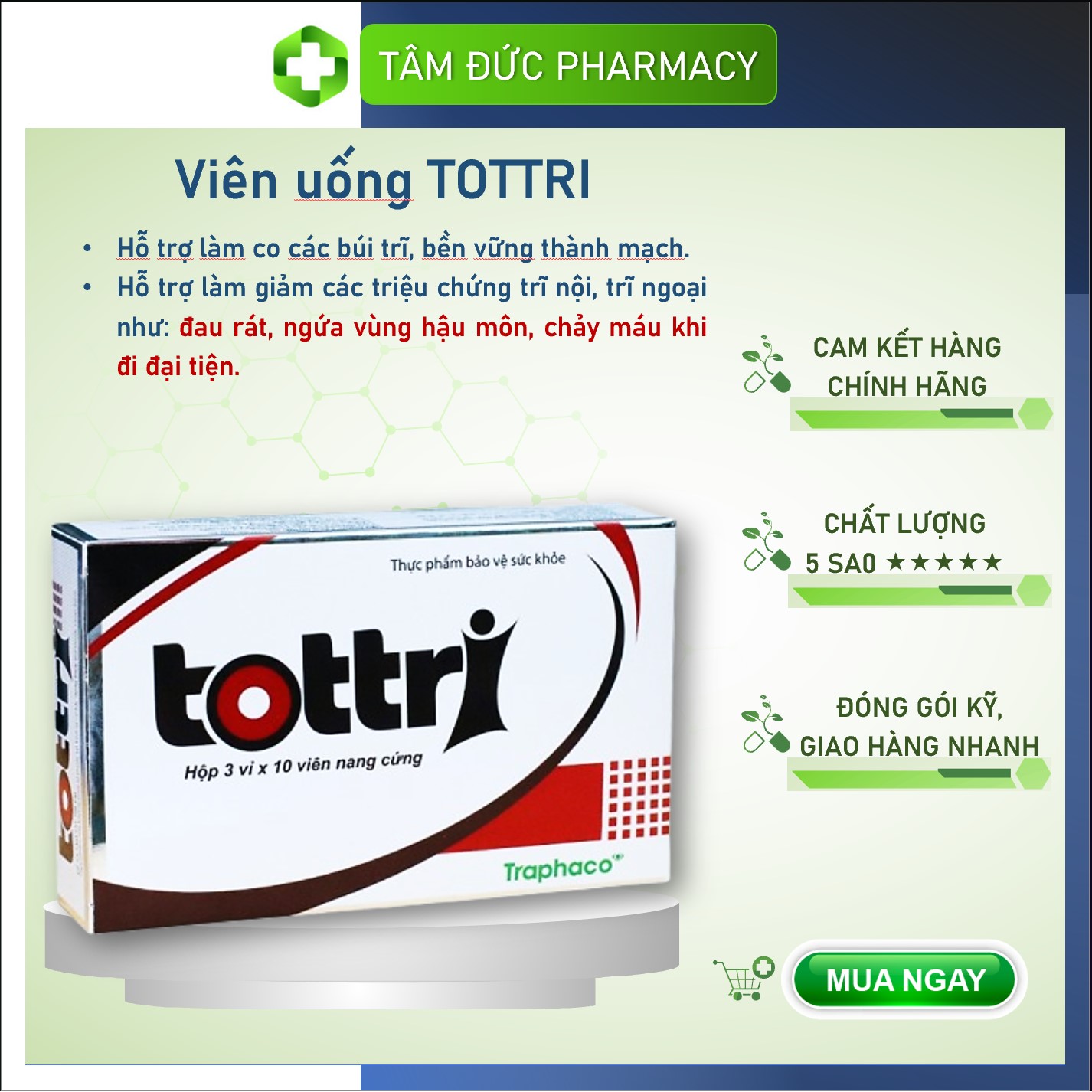 [HCM]TOTTRI - Traphaco Hộp 30 viên nang cứng - Giảm đau trĩ cấp ngăn ngừa trĩ tái phát