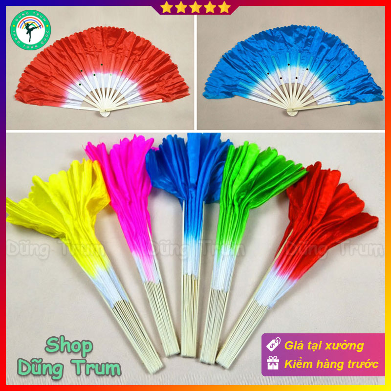  Quạt múa 2 màu trẻ em nan tre vải lụa mềm mại 