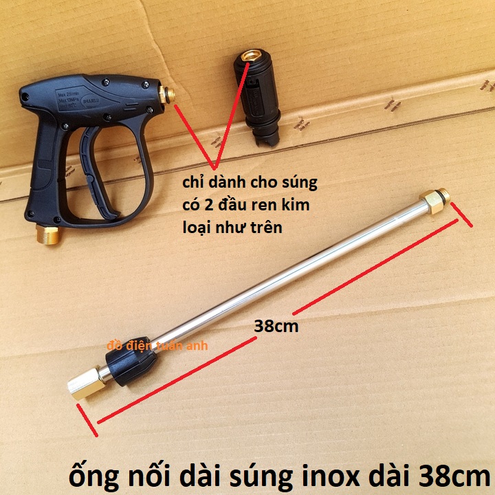 Ống nối dài súng rửa xe dài 38CM CHẤT LIỆU INOX, cần nối dài súng xịt rửa xe áp lực cao của máy xịt rửa áp lực