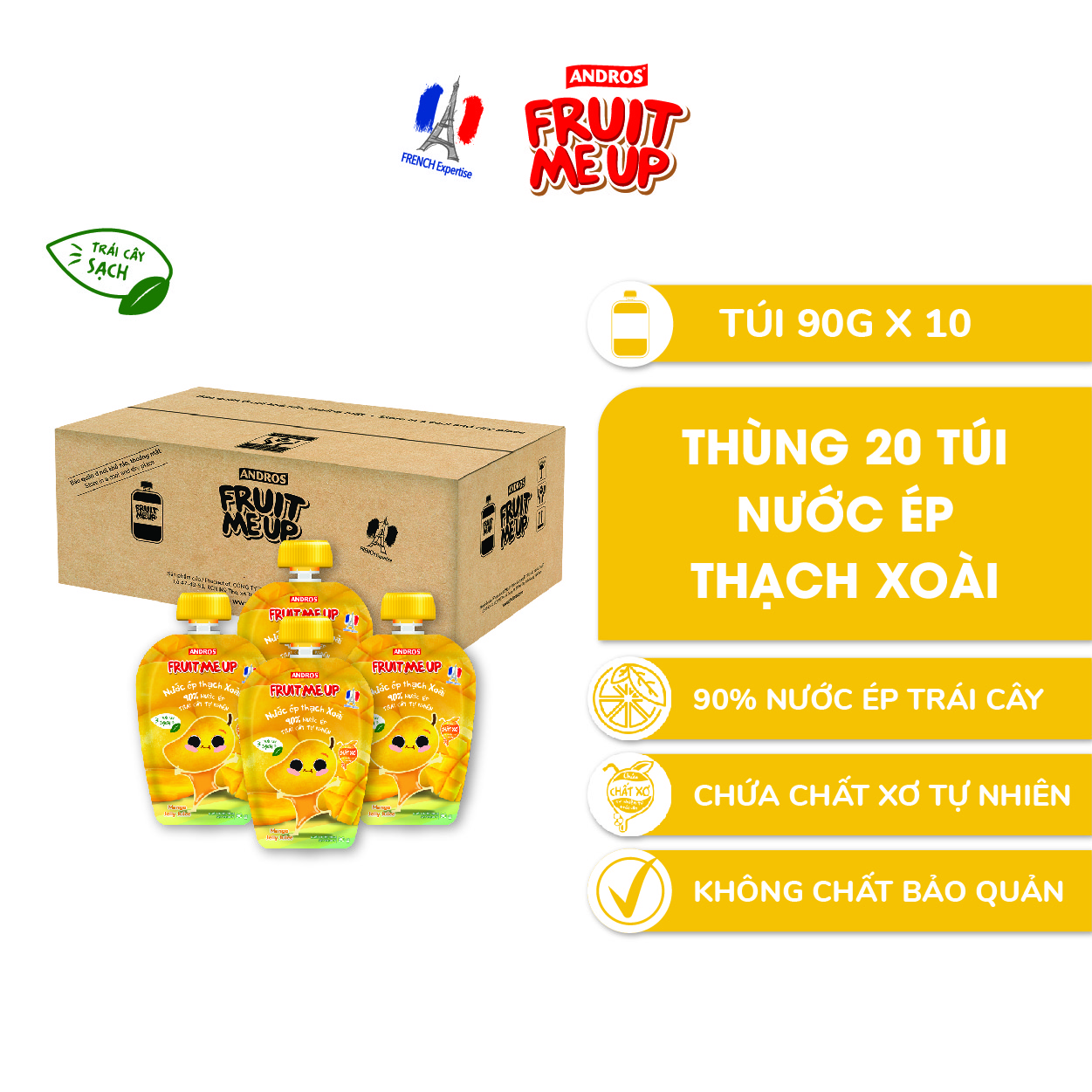 Thùng 20 Túi Thạch Vị Xoài - 100% trái cây thật - ANDROS FRUIT ME UP - 90gx20