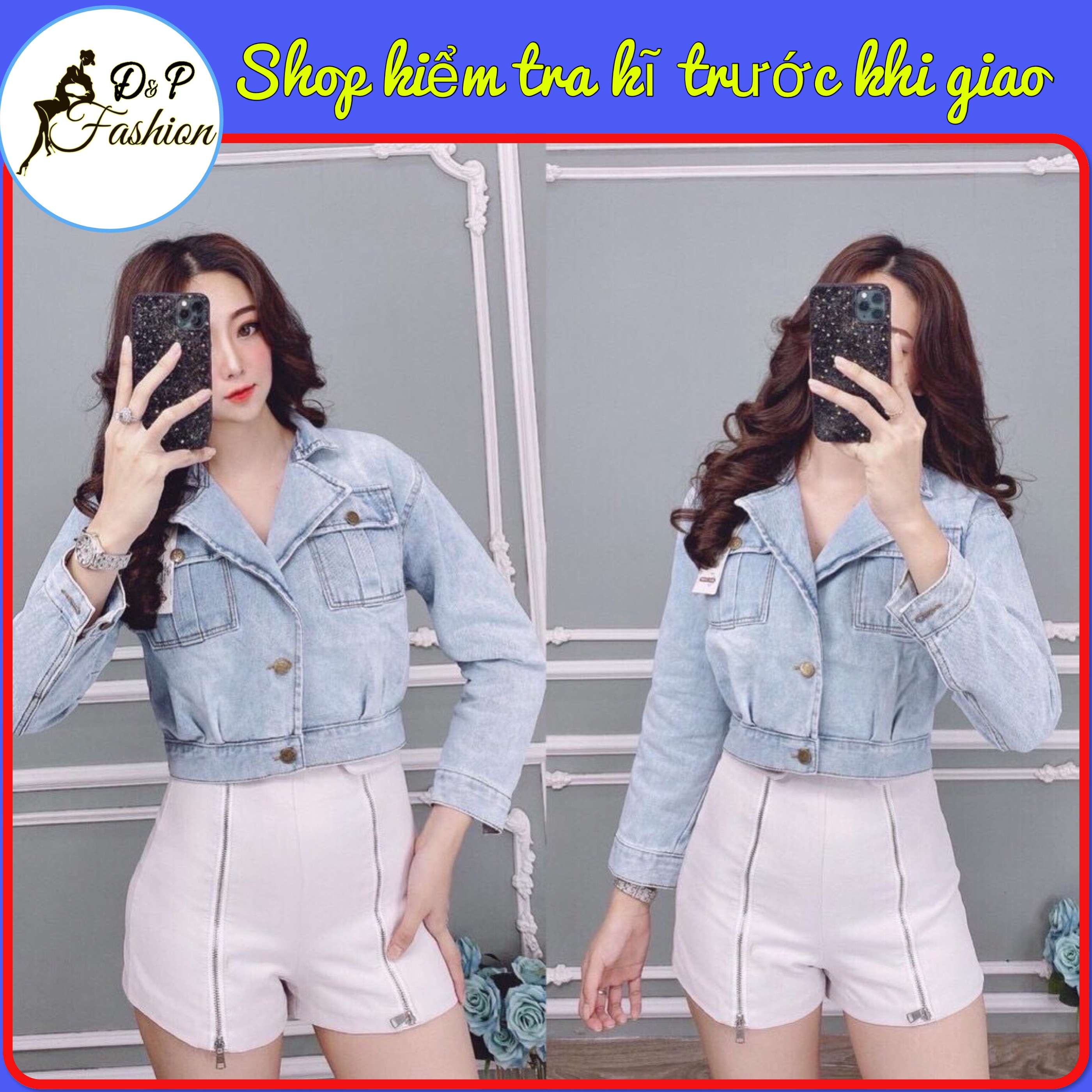 Áo khoác jeans nữ cao cấp cổ vest phối túi siêu đẹp