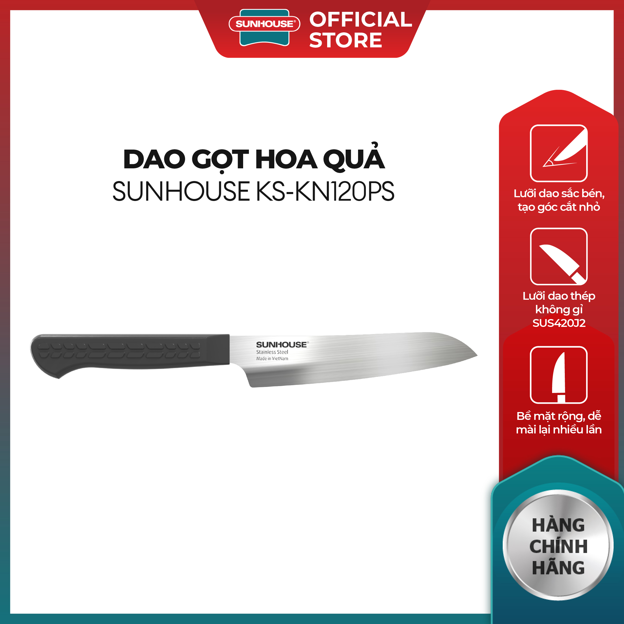 Dao gọt hoa quả 120 Sunhouse KS-KN120PS  - Lười dao bén, cắt mịn - Làm từ thép không gỉ - Mài lại được nhiều lần