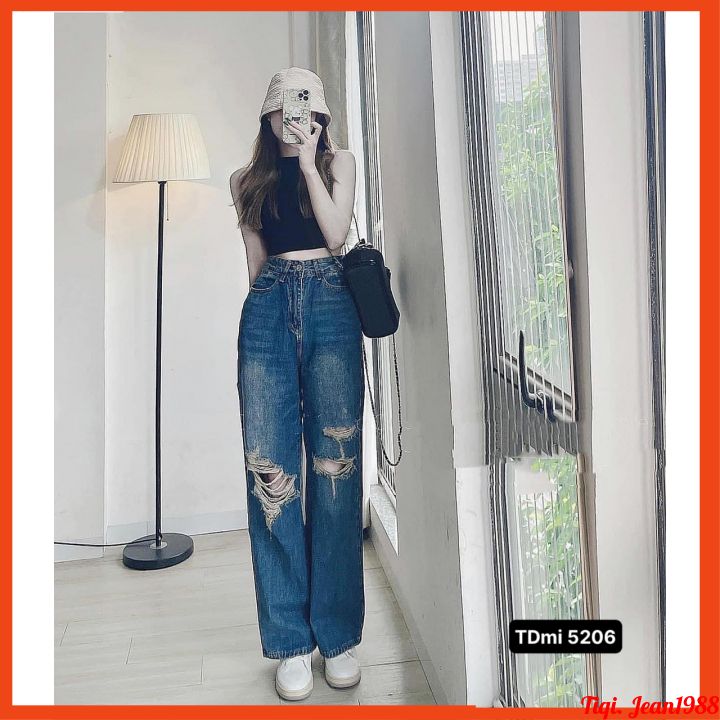 Quần jeans nữ ống rộng rách cá tính- quần bò dáng suông mẫu mới maianh18 shop