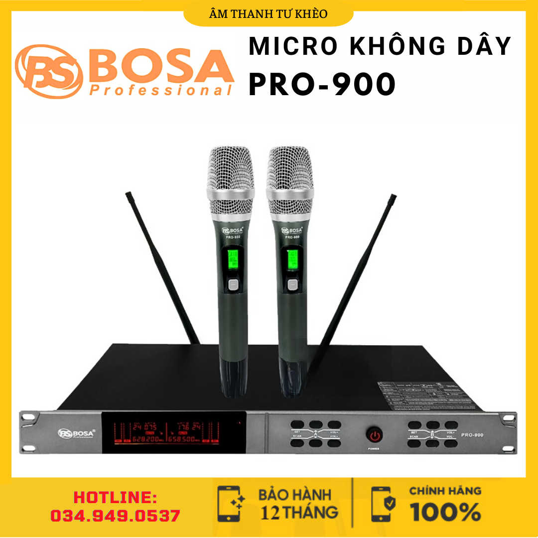 Micro Không Dây Bosa Pro-900, Mic Karaoke Không Dây, Chống Hú, Chống Rít, Cảm Biến Tự Ngắt, Bắt sóng khỏe, Hát nhẹ, Âm thanh chân thực và trong trẻo, Karaoke gia đình, Sân Khấu, Dùng cho amply, loa kéo, vang cơ, vang số