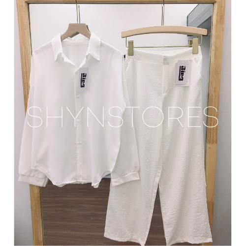 Set áo sơ mi mix quần suông ống rộng trắng vải đũi cao cấp Shynstores mặc siêu mát
