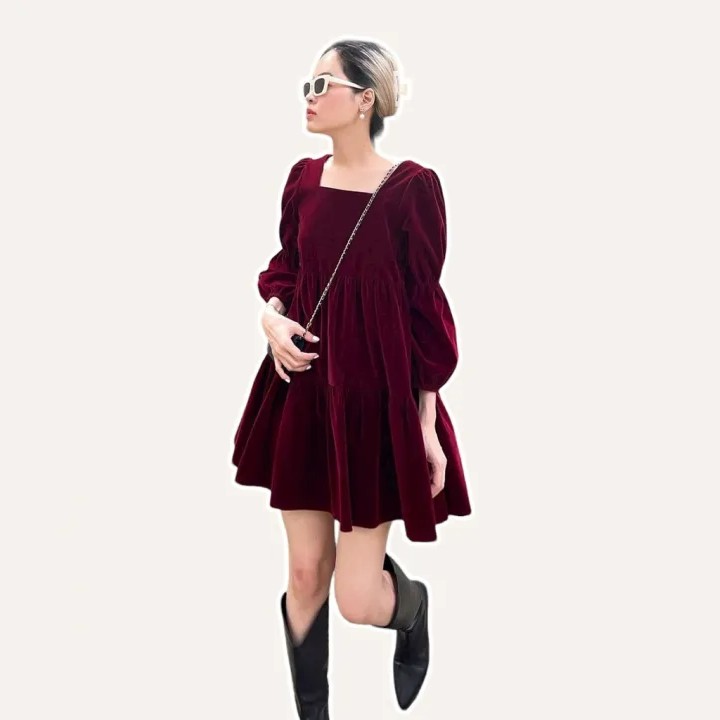 Váy kiểu nữ cổ vuông tay lỡ dáng ngắn chất nhung Linly Store