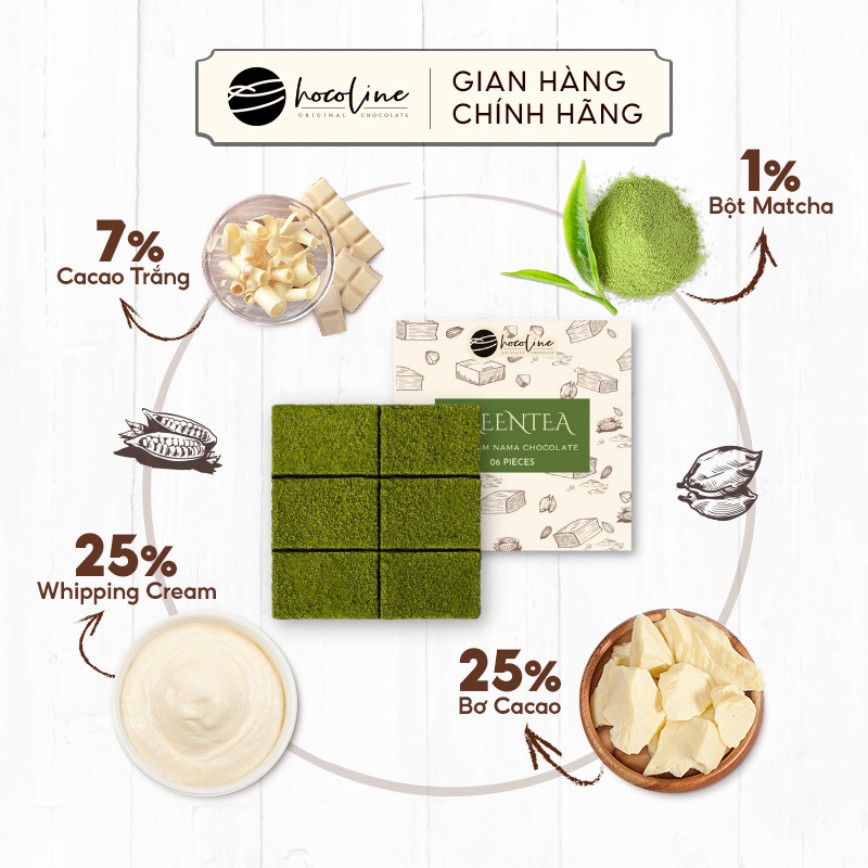 Socola Tươi Nama Nguyên Chất Chocolate Vị Matcha - Hộp 6 Viên (40gram) - Chocoline (Giao Nhanh 2H)