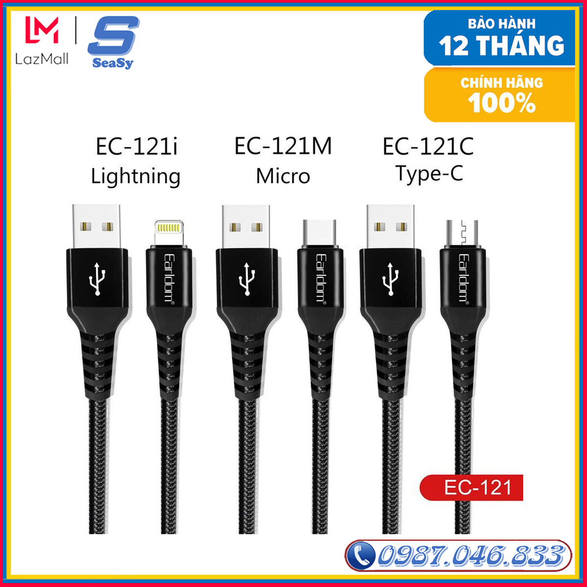 Dây sạc Earldom EC-121 1M, Cáp dù siêu bền cho điện thoại iPhone/ Samsung/ Oppo/ Xiaomi - SEASY TECH