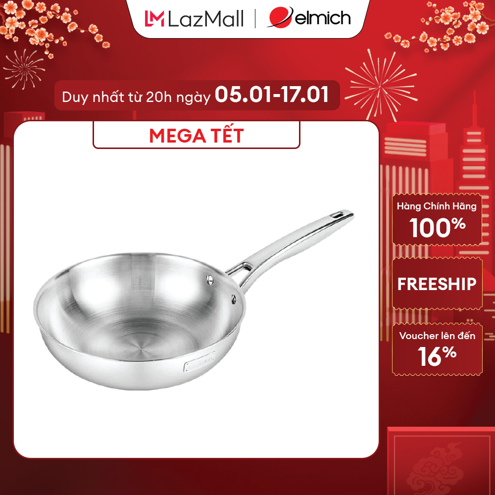 (Duy nhất từ 05-17.01)Chảo Inox nguyên khối Elmich Trimax EL 3846MOL/LOL size 26,28cm