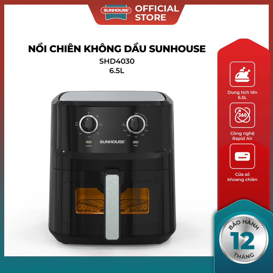 [Bản mới] Nồi chiên không dầu 6.5L SUNHOUSE SHD4030 - Công nghệ Rapid Air giảm tới 80% dầu mỡ - Khoang chiên trong suốt