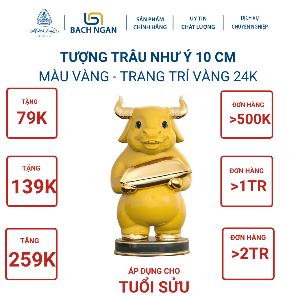 Tượng Trâu Phong Thủy Như Ý Sứ Minh Long 10cm nhiều màu, trang trí vàng 24K, may mắn, tài lộc đẹp cao cấp dùng tặng quà, nội thật