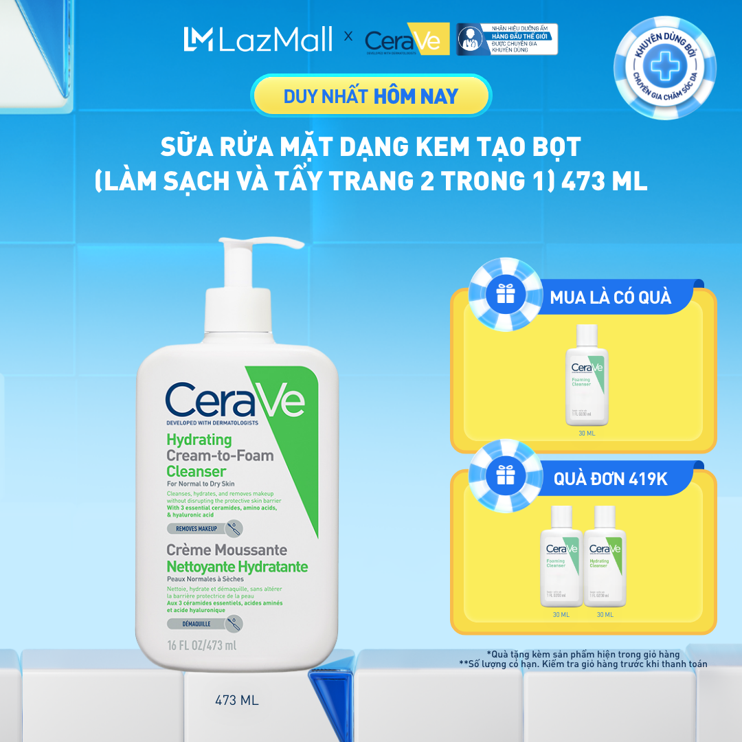 Sữa rửa mặt dạng kem tạo bọt (làm sạch và tẩy trang 2 trong 1) Hydrating Cream-to-Foam Cleanser 473ml