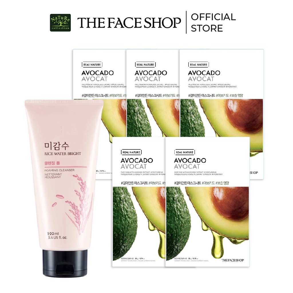 Combo mặt nạ thefaceshop real nature avocado 20gx5+sữa rửa mặt thefaceshop rice 100ml