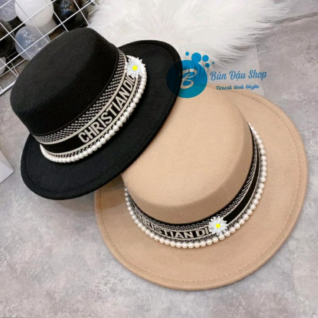Mũ dạ boater đb đai dr đen phối ngọc