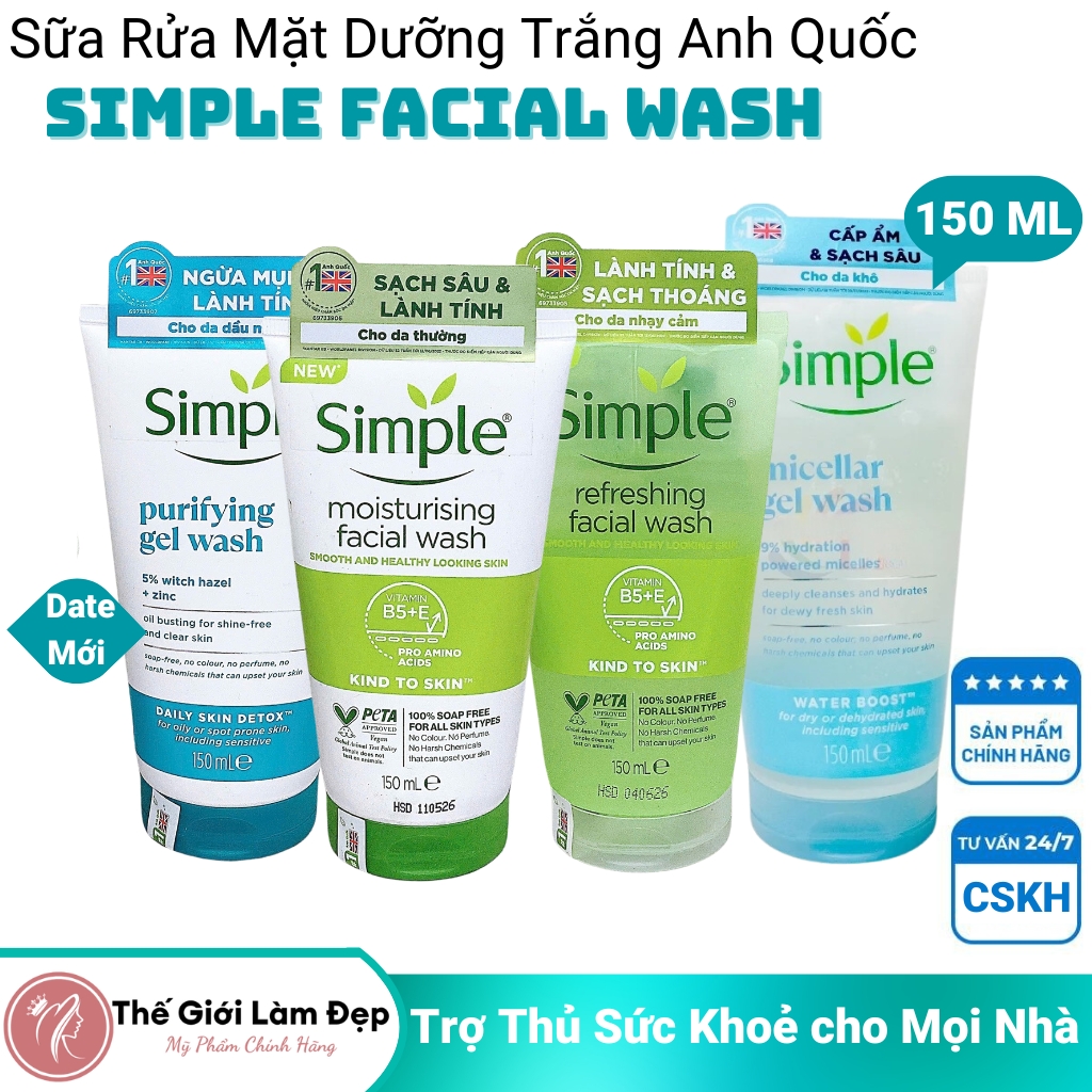 Sữa rửa mặt dưỡng trắng da dầu Simple facial cleanser face wash Anh Quốc mỹ phẩm chính hãng 150ml,srm sua gel kem rua mat tạo bọt nam nữ dịu nhẹ kiềm ngăn dầu dưỡng ẩm chăm sóc da mặt skincare chuyên sâu ngừa mụn mờ nám thâm chống lão hoá-Thế Giới Làm Đẹp