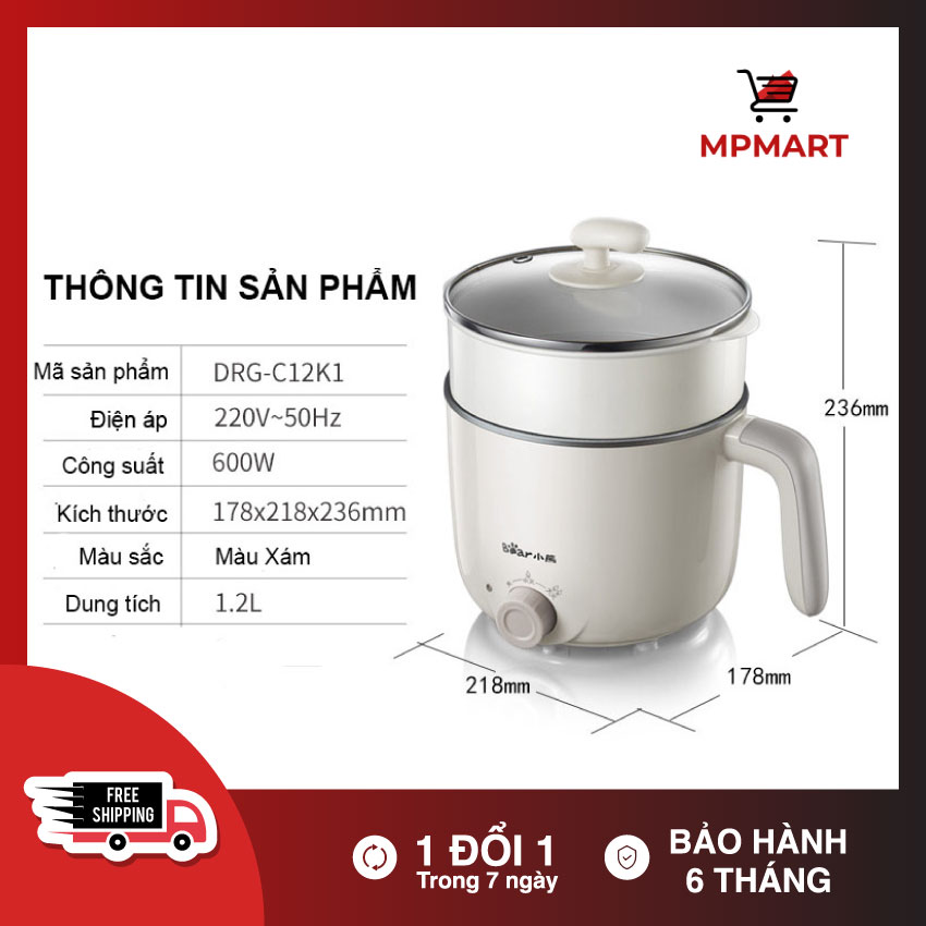 Nồi LẨu điện, Nồi Lẩu Mini đa Năng, Nồi Hấp Chiên Xào bằng điện. Dung tích 1,2L. Chất Lượng Cao Cấp Thương Hiệu Bear. Tặng kèm Muỗng và Khăn Lau đa Năng. BẢo Hành 6 tháng bởi MPMART
