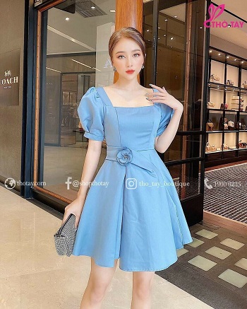 Đầm xòe cổ vuông đính nơ eo thời trang siêu xinh