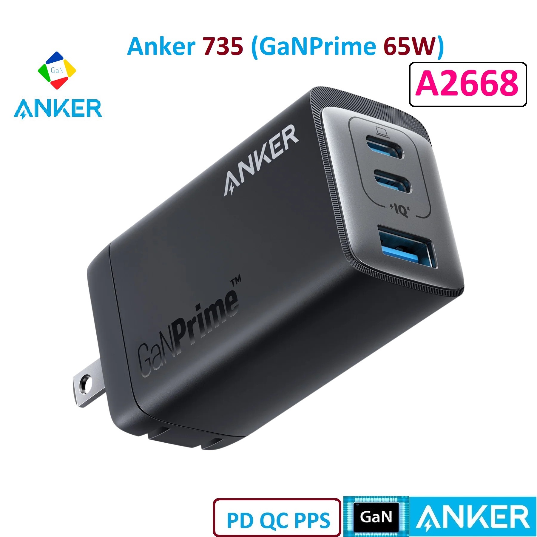 Củ Sạc Anker 735 GaNPrime 65W A2668 2C1A  | Hỗ trợ PD IQ4.0 QC