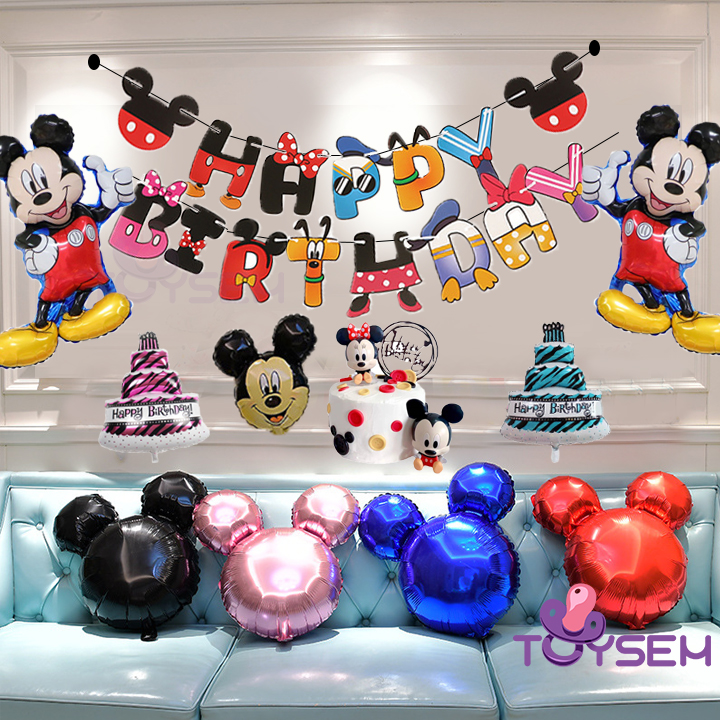 Bộ trang trí sinh nhật chuột mickey - Đồ trang trí tiệc thôi nôi - Bong bóng happy birthday - Chữ trang trí đầy tháng - Sét trang trí tiệc sinh nhật cho bé trai bé gái cute