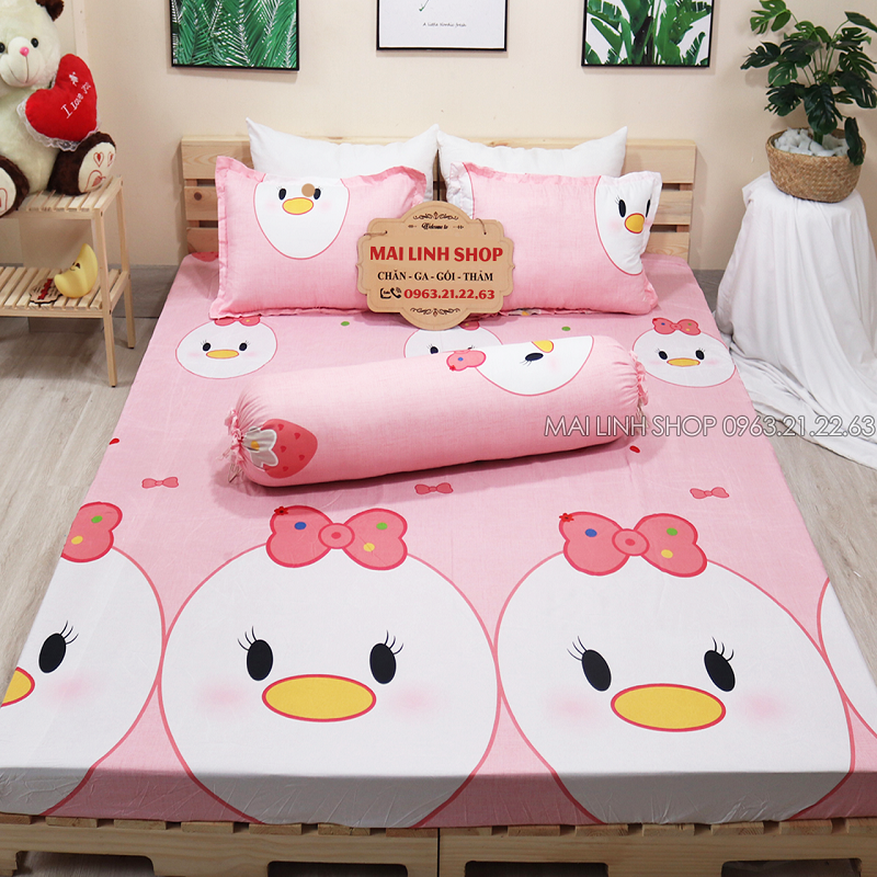 Bộ ga gối cotton poly vịt hồng nhiều kích thước m2/m6/m8/2m2