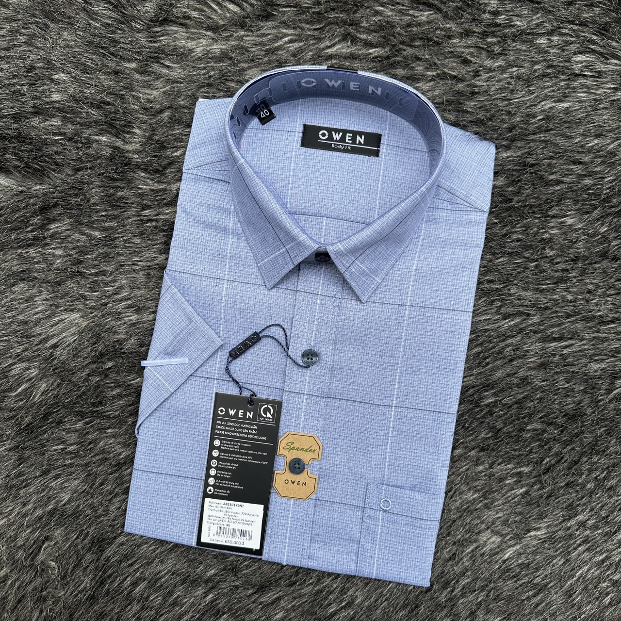 OWEN - Áo sơ mi ngắn tay Owen vạt ngang chất màu ghi kẻ sọc 230179